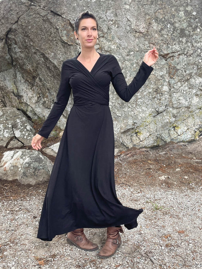 womens long sleeve vneck wrap style black maxi dress #color_black