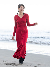 women's plant-based rayon jersey stretchy long sleeve wrap style red maxi dress #color_red