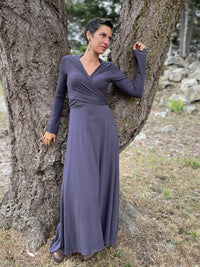 womens long sleeve vneck wrap style steel grey maxi dress #color_steel