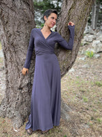 womens long sleeve vneck wrap style steel grey maxi dress #color_steel