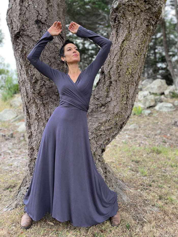 womens long sleeve vneck wrap style steel grey maxi dress #color_steel