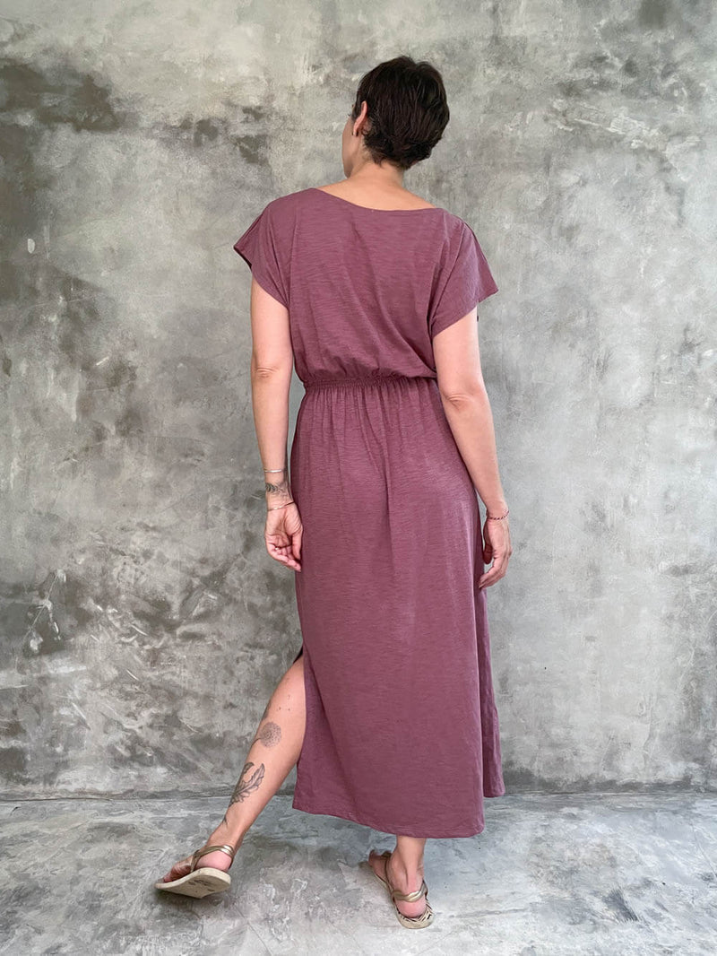 women's plant based lightweight dusty rose travel dress with side slits and elastic waist #color_mangosteen
