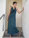 women's bamboo jersey double lined teal blue cowl neck racer back maxi dress #color_teal