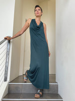 women's bamboo jersey double lined teal blue cowl neck racer back maxi dress #color_teal
