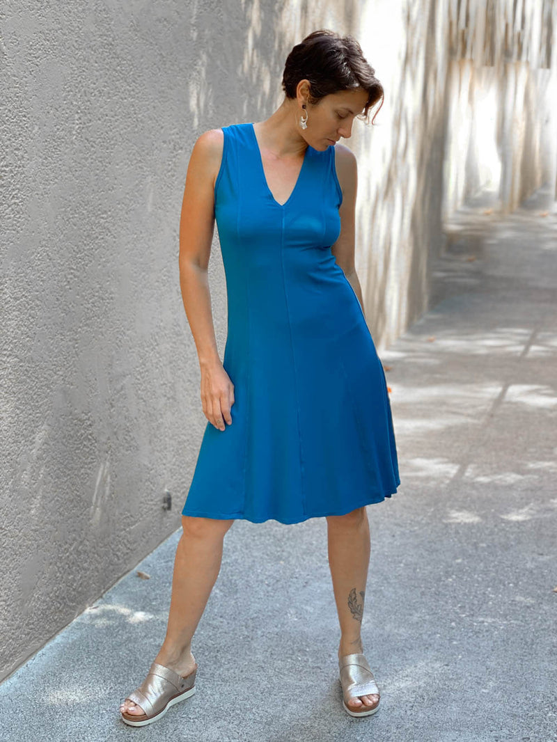 women's plant based rayon jersey stretchy cosmo turquoise blue v-neck short dress with raised detailed stitching #color_cosmo
