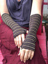 women's gold striped fingerless gloves in brown #color_chocolate