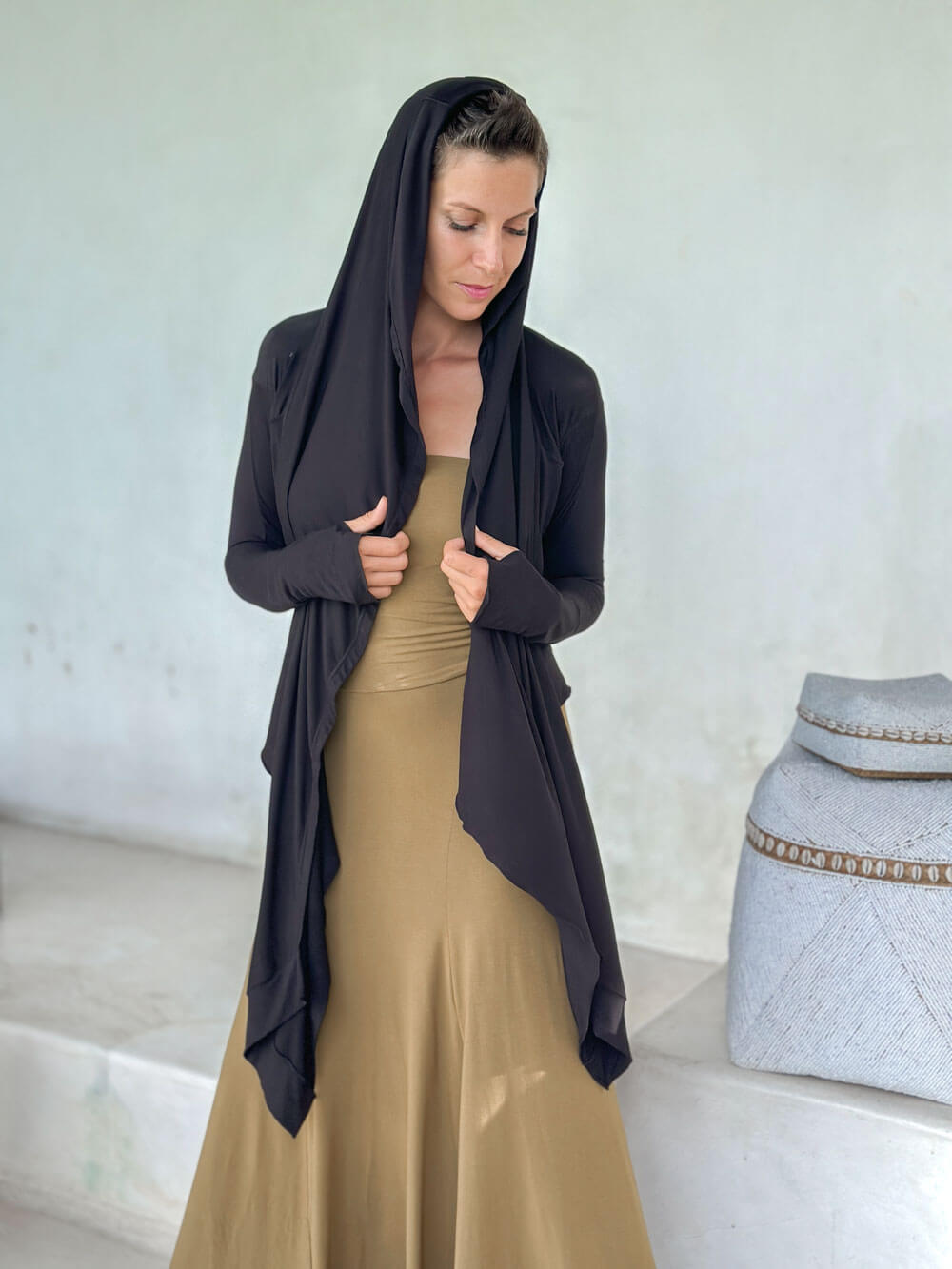 womens long sleeve natural rayon jersey versatile black wrap jacket with thumbholes that can be worn 2 ways #color_black