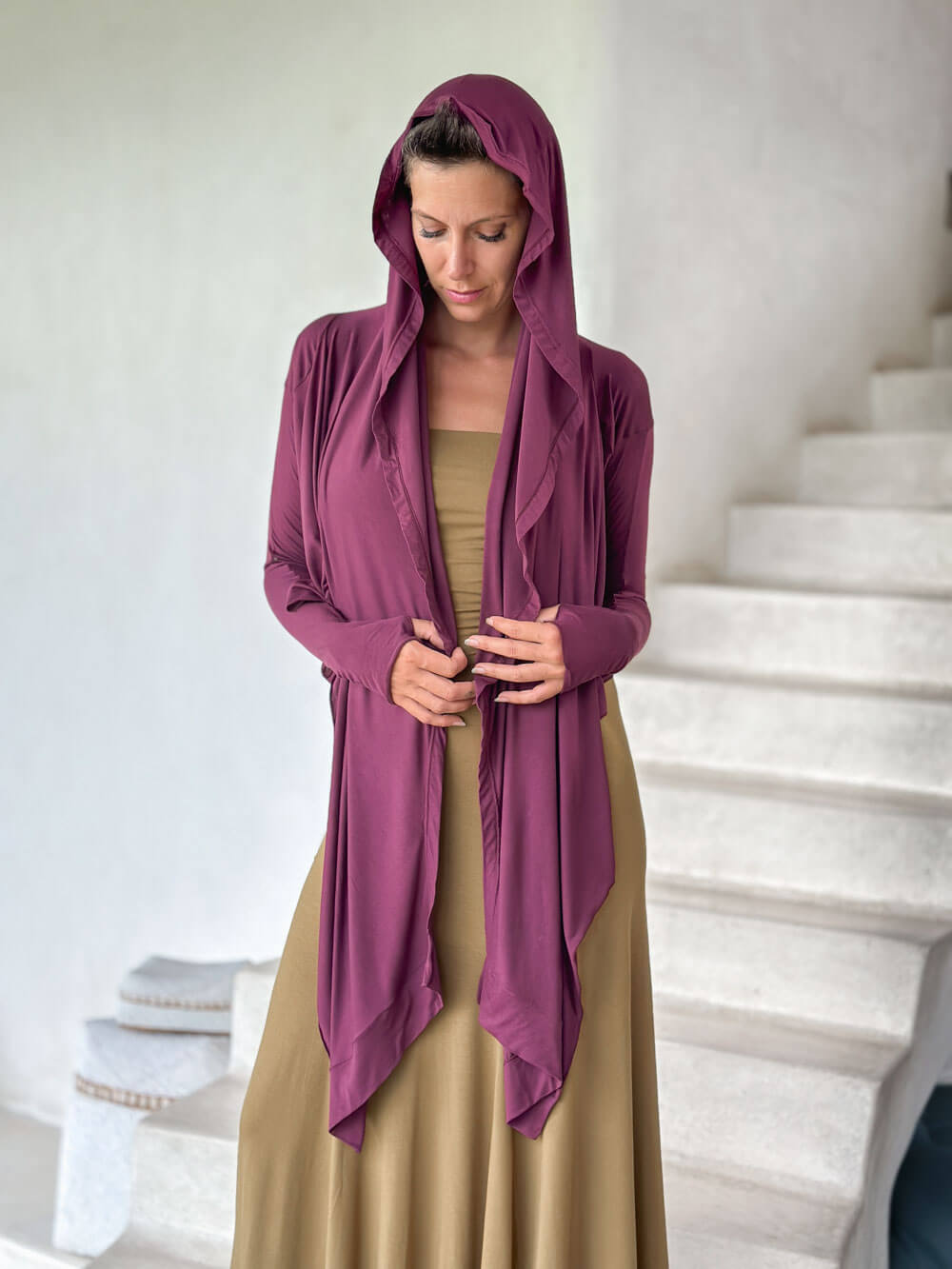 women's plant-based rayon jersey versatile purple long sleeve convertible wrap jacket with thumbholes that can be worn 2 ways #color_jam