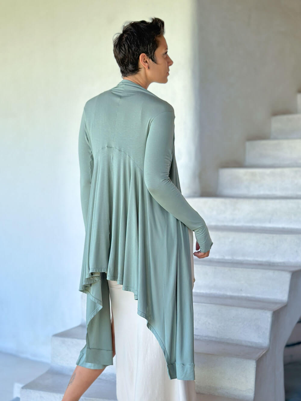 women's plant-based rayon jersey versatile sage green long sleeve convertible wrap jacket with thumbholes that can be worn 2 ways #color_moss