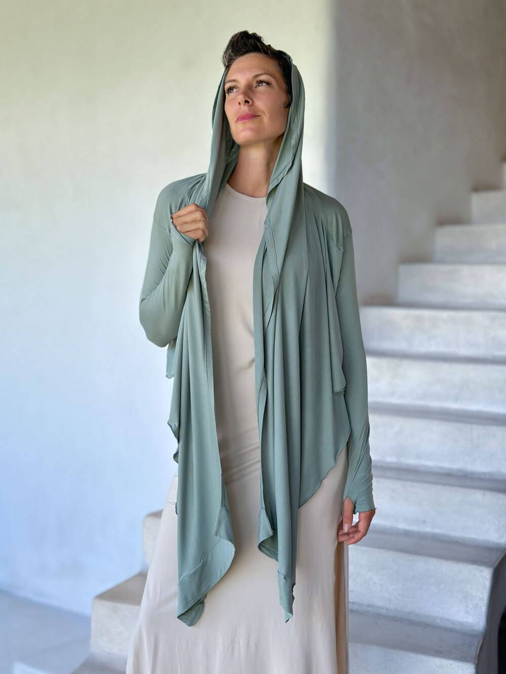 women's plant-based rayon jersey versatile sage green long sleeve convertible wrap jacket with thumbholes that can be worn 2 ways #color_moss