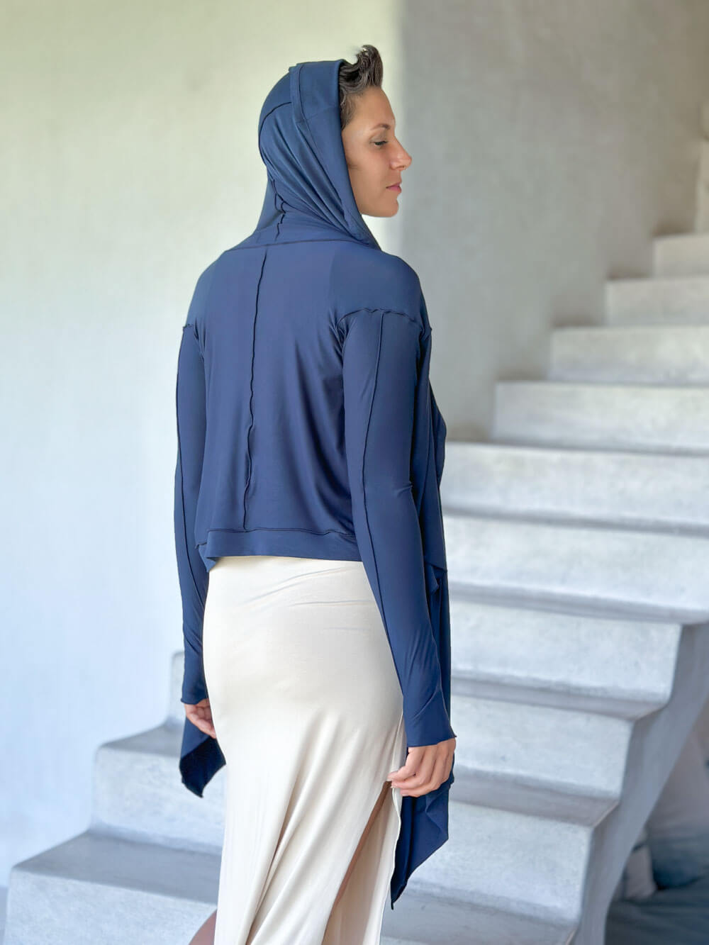 women's plant-based rayon jersey versatile navy blue long sleeve convertible wrap jacket with thumbholes that can be worn 2 ways #color_navy