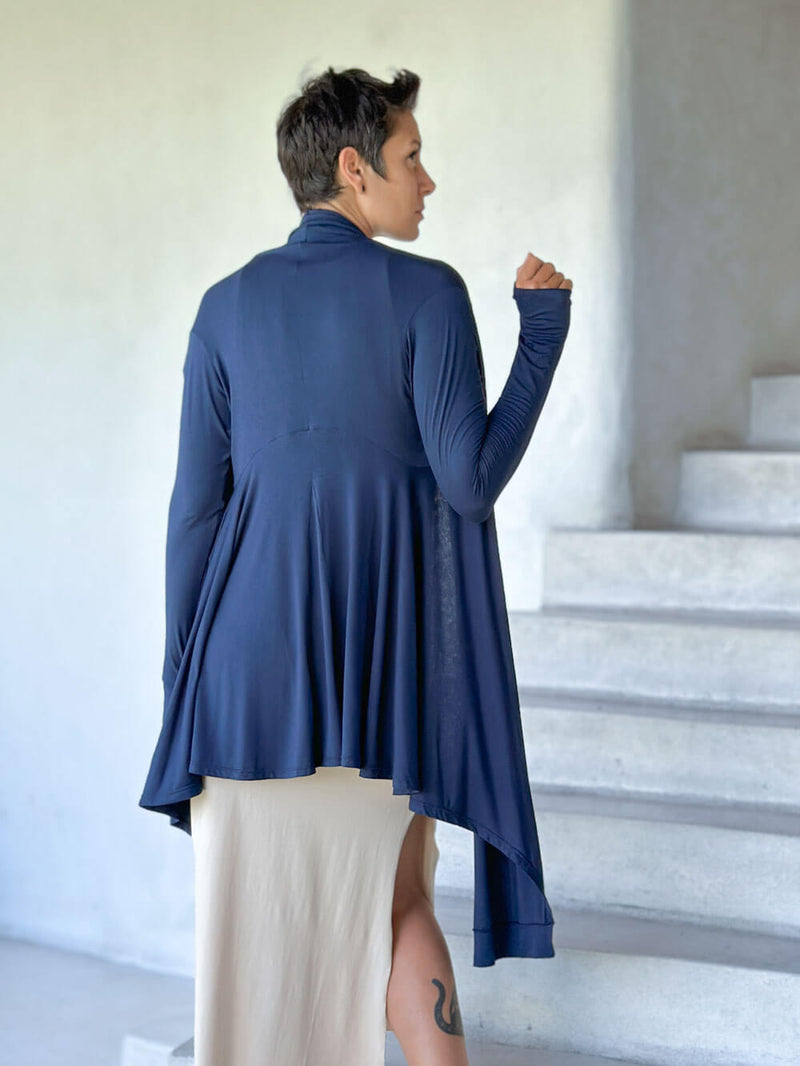 women's plant-based rayon jersey versatile navy blue long sleeve convertible wrap jacket with thumbholes that can be worn 2 ways #color_navy