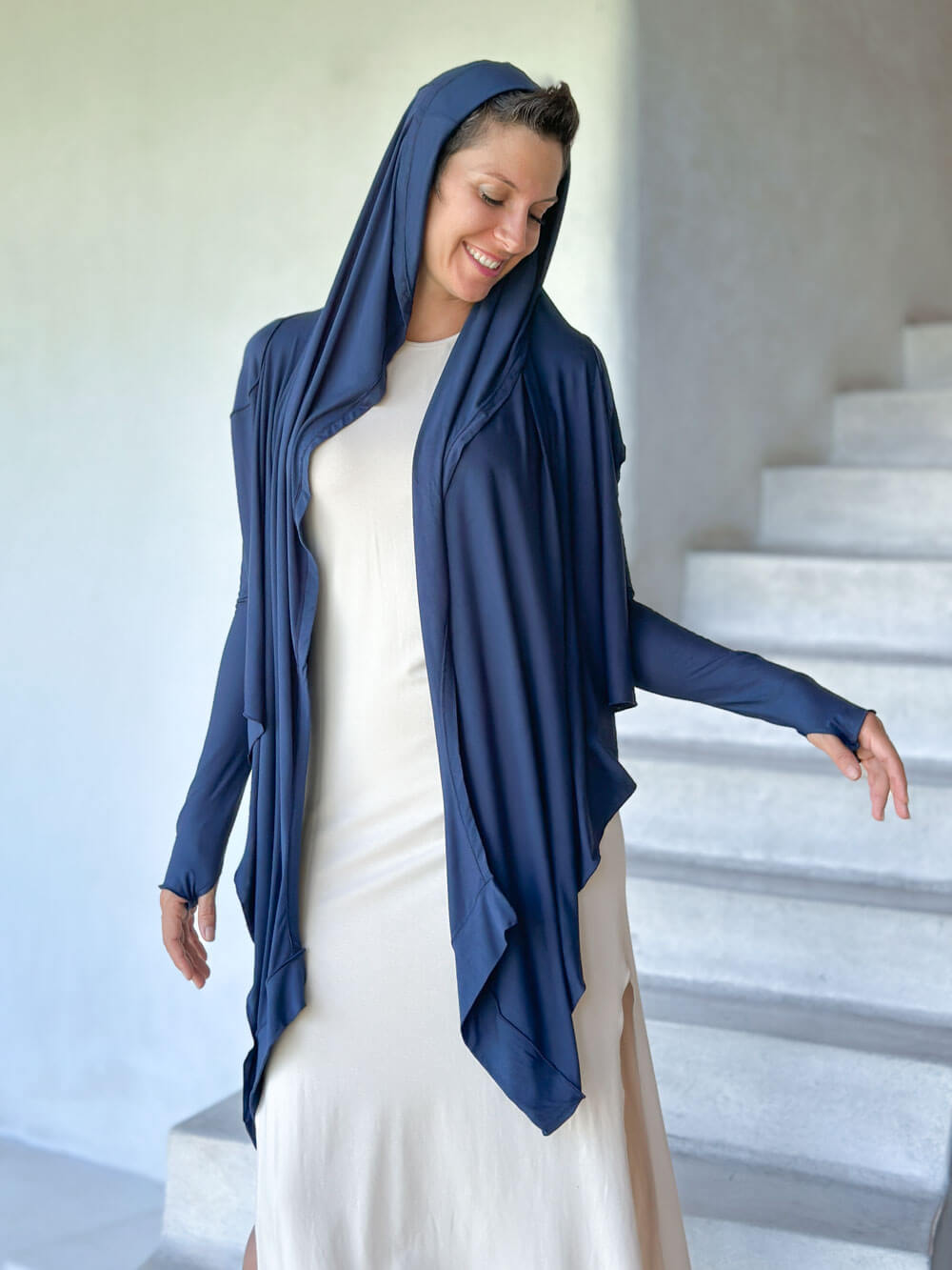 women's plant-based rayon jersey versatile navy blue long sleeve convertible wrap jacket with thumbholes that can be worn 2 ways #color_navy