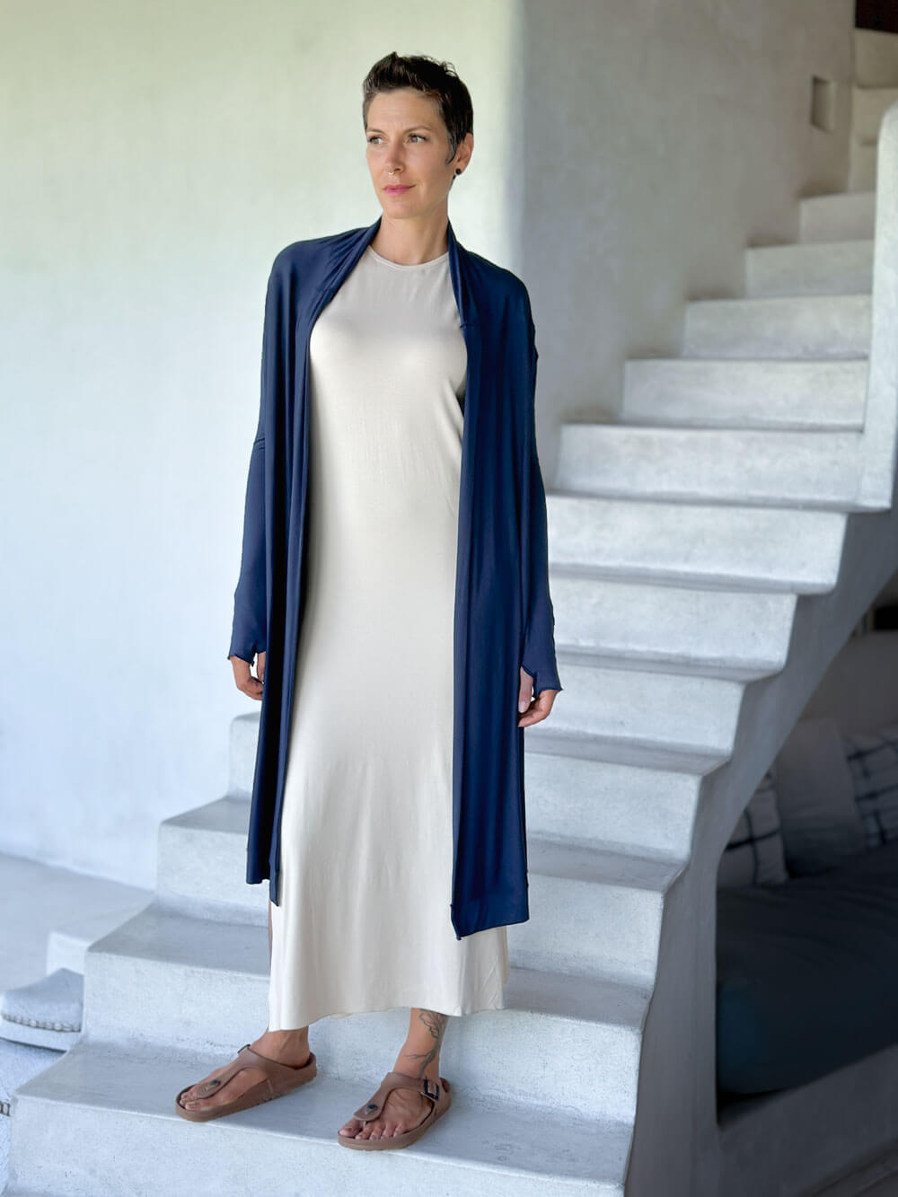 women's plant-based rayon jersey versatile navy blue long sleeve convertible wrap jacket with thumbholes that can be worn 2 ways #color_navy