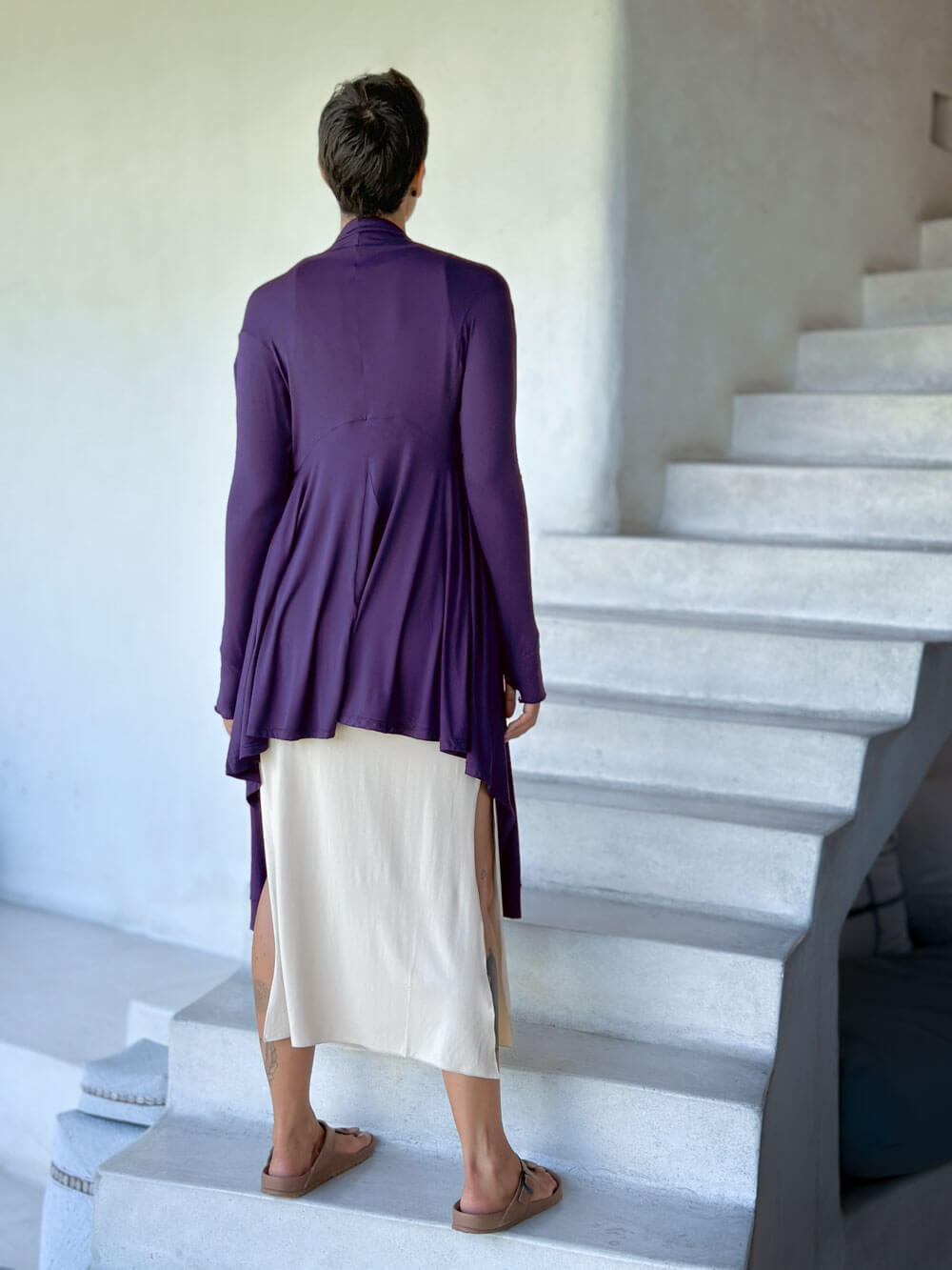 women's plant-based rayon jersey versatile purple long sleeve convertible wrap jacket with thumbholes that can be worn 2 ways #color_plum