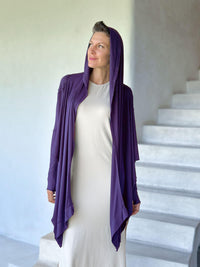 women's plant-based rayon jersey versatile purple long sleeve convertible wrap jacket with thumbholes that can be worn 2 ways #color_plum