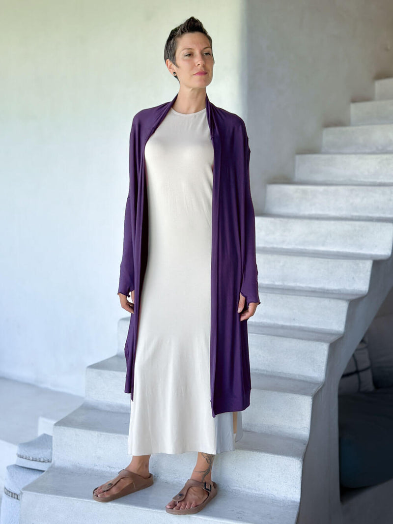 women's plant-based rayon jersey versatile purple long sleeve convertible wrap jacket with thumbholes that can be worn 2 ways #color_plum