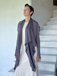 women's plant-based rayon jersey versatile steel grey long sleeve convertible wrap jacket with thumbholes that can be worn 2 ways #color_steel