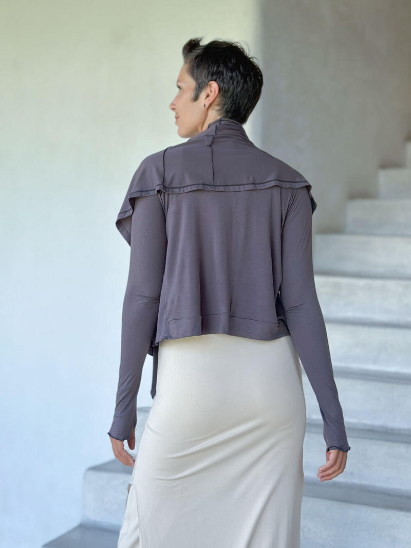 women's plant-based rayon jersey versatile steel grey long sleeve convertible wrap jacket with thumbholes that can be worn 2 ways #color_steel