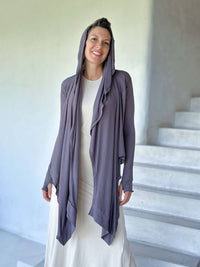 women's plant-based rayon jersey versatile steel grey long sleeve convertible wrap jacket with thumbholes that can be worn 2 ways #color_steel