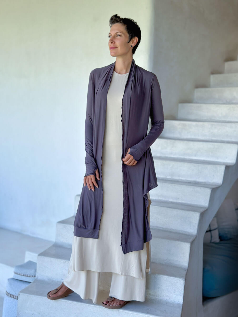 women's plant-based rayon jersey versatile steel grey long sleeve convertible wrap jacket with thumbholes that can be worn 2 ways #color_steel