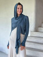womens long sleeve natural rayon jersey versatile teal wrap jacket with thumbholes that can be worn 2 ways #color_teal