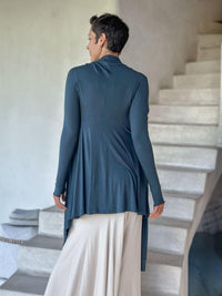 womens long sleeve natural rayon jersey versatile teal wrap jacket with thumbholes that can be worn 2 ways #color_teal