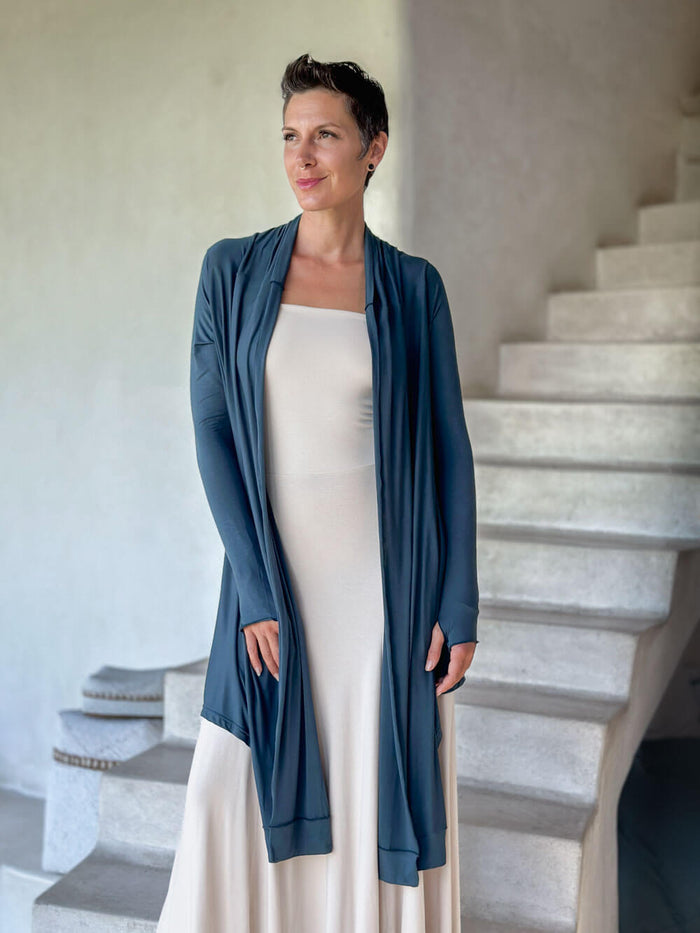 womens long sleeve natural rayon jersey versatile teal wrap jacket with thumbholes that can be worn 2 ways #color_teal