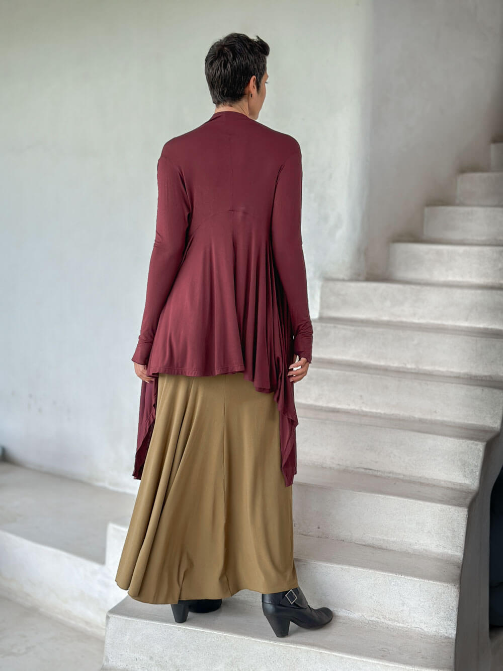 women's plant-based rayon jersey versatile maroon long sleeve convertible wrap jacket with thumbholes that can be worn 2 ways #color_wine