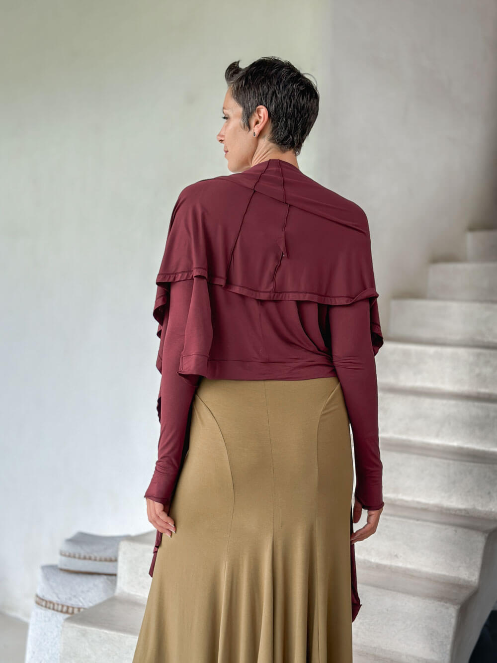 women's plant-based rayon jersey versatile maroon long sleeve convertible wrap jacket with thumbholes that can be worn 2 ways #color_wine