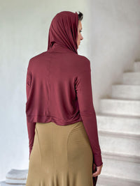 women's plant-based rayon jersey versatile maroon long sleeve convertible wrap jacket with thumbholes that can be worn 2 ways #color_wine