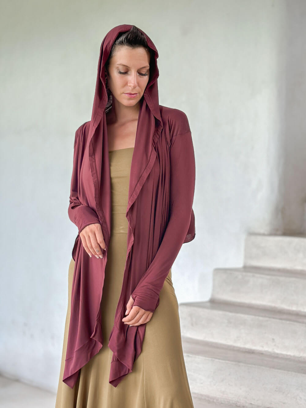 women's plant-based rayon jersey versatile maroon long sleeve convertible wrap jacket with thumbholes that can be worn 2 ways #color_wine