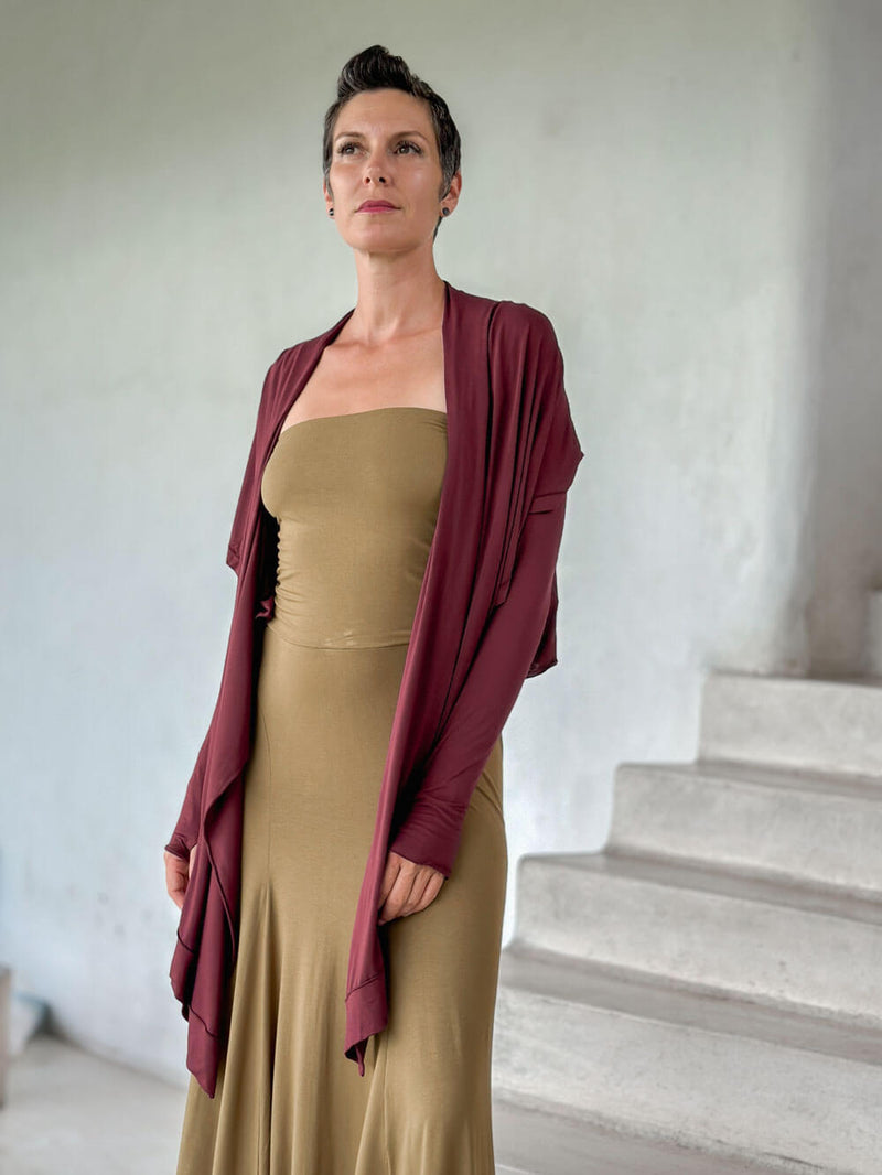 women's plant-based rayon jersey versatile maroon long sleeve convertible wrap jacket with thumbholes that can be worn 2 ways #color_wine