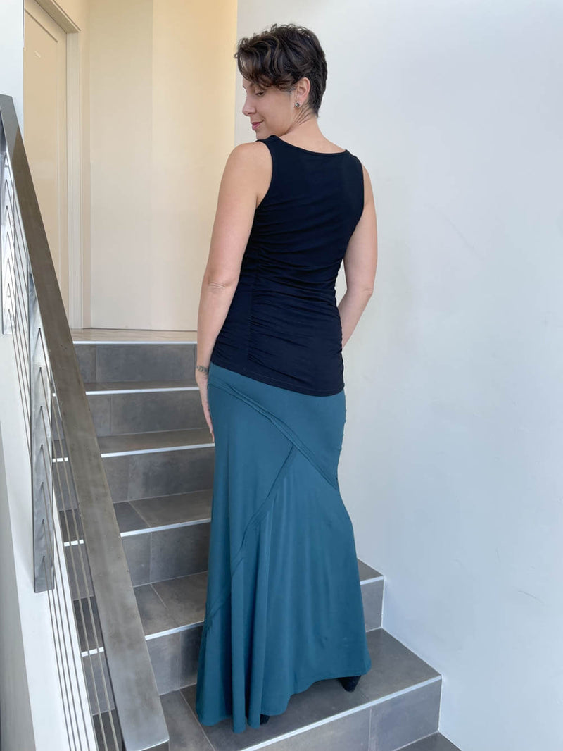 women's plant based stretchy rayon jersey teal blue maxi skirt with raised stitch detail #color_teal