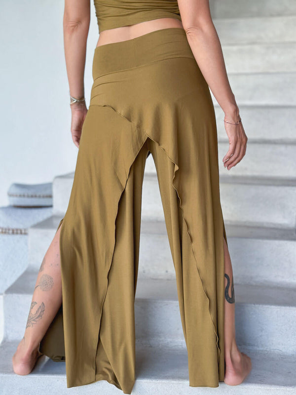 caraucci high waisted green gold wide leg high side slit pants #color_brass