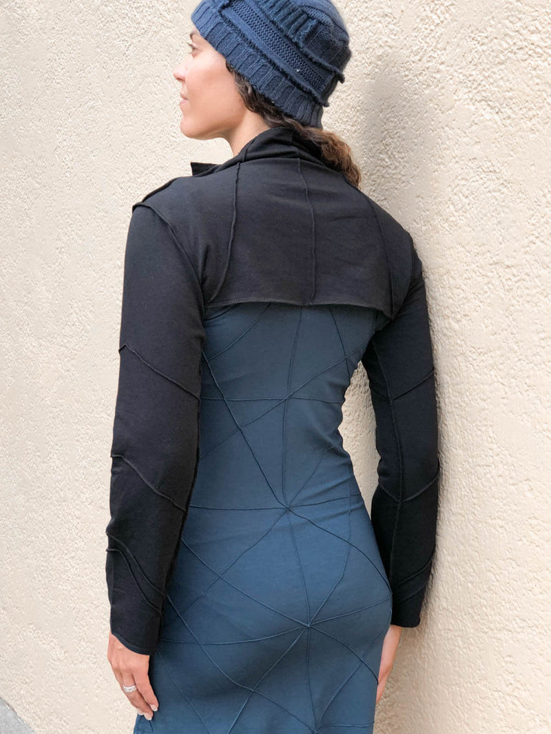 caraucci women's bamboo cotton fleece black bolero jacket with raised stitch detailing