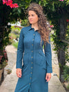 caraucci bamboo spandex teal coat dress with 6 pockets and buttons up the front, can be worn as a jacket or dress #color_teal