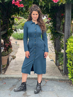 caraucci bamboo spandex teal coat dress with 6 pockets and buttons up the front, can be worn as a jacket or dress #color_teal