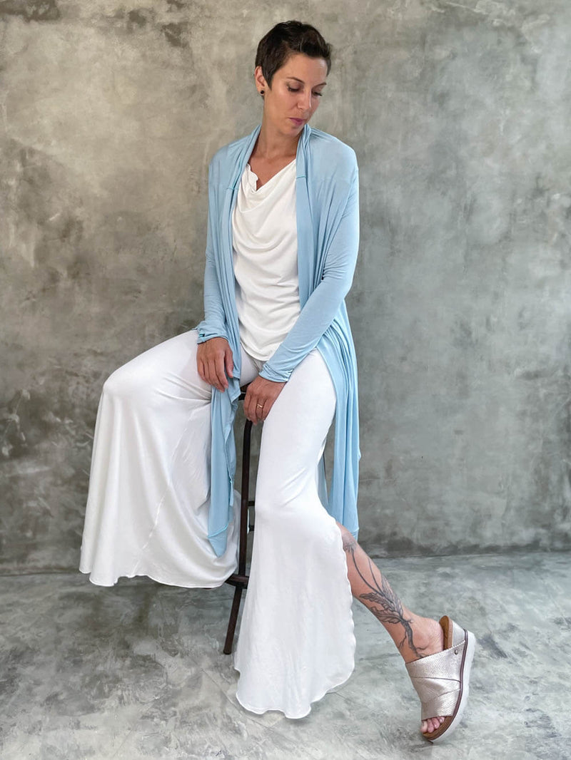 women's plant-based rayon jersey versatile light blue long sleeve convertible wrap jacket with thumbholes that can be worn 2 ways #color_canal-blue