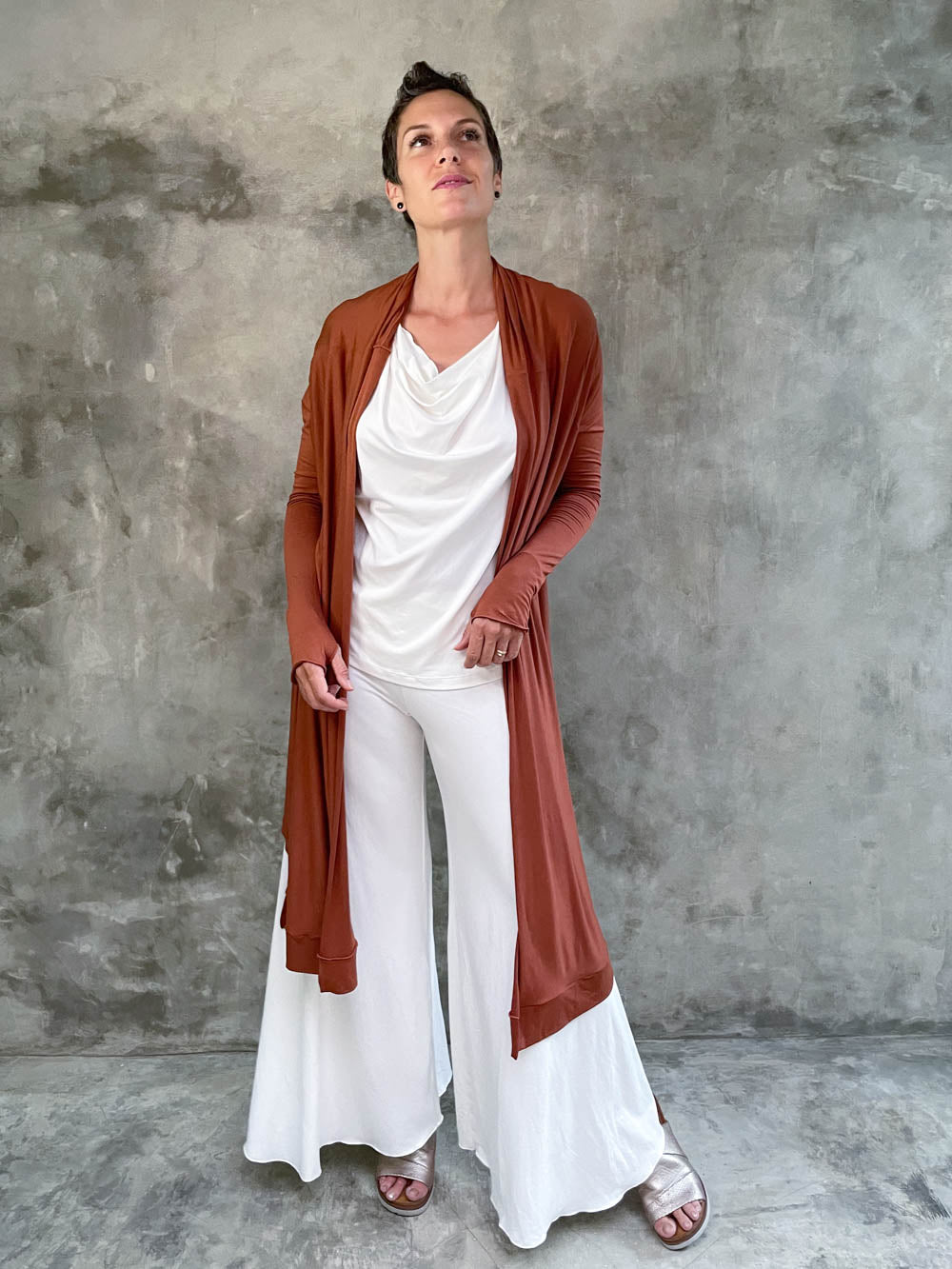 women's plant-based rayon jersey versatile rust long sleeve convertible wrap jacket with thumbholes that can be worn 2 ways #color_copper