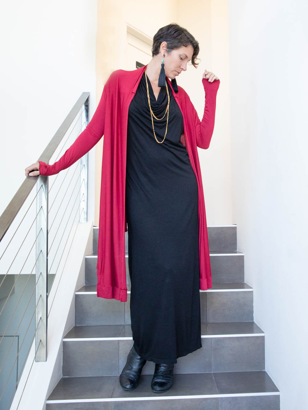 women's long sleeve scarlet red wrap cardigan with thumbholes that can be worn 2 ways #color_scarlet