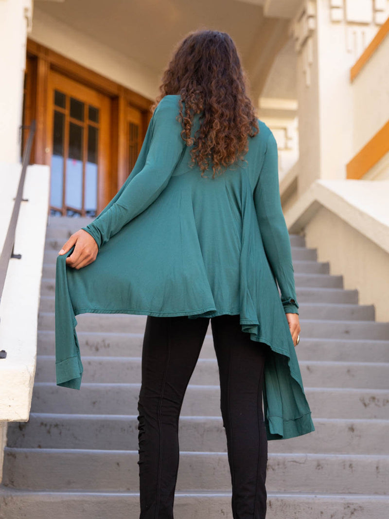 womens long sleeve natural rayon jersey versatile jasper green wrap jacket with thumbholes that can be worn 2 ways #color_jasper