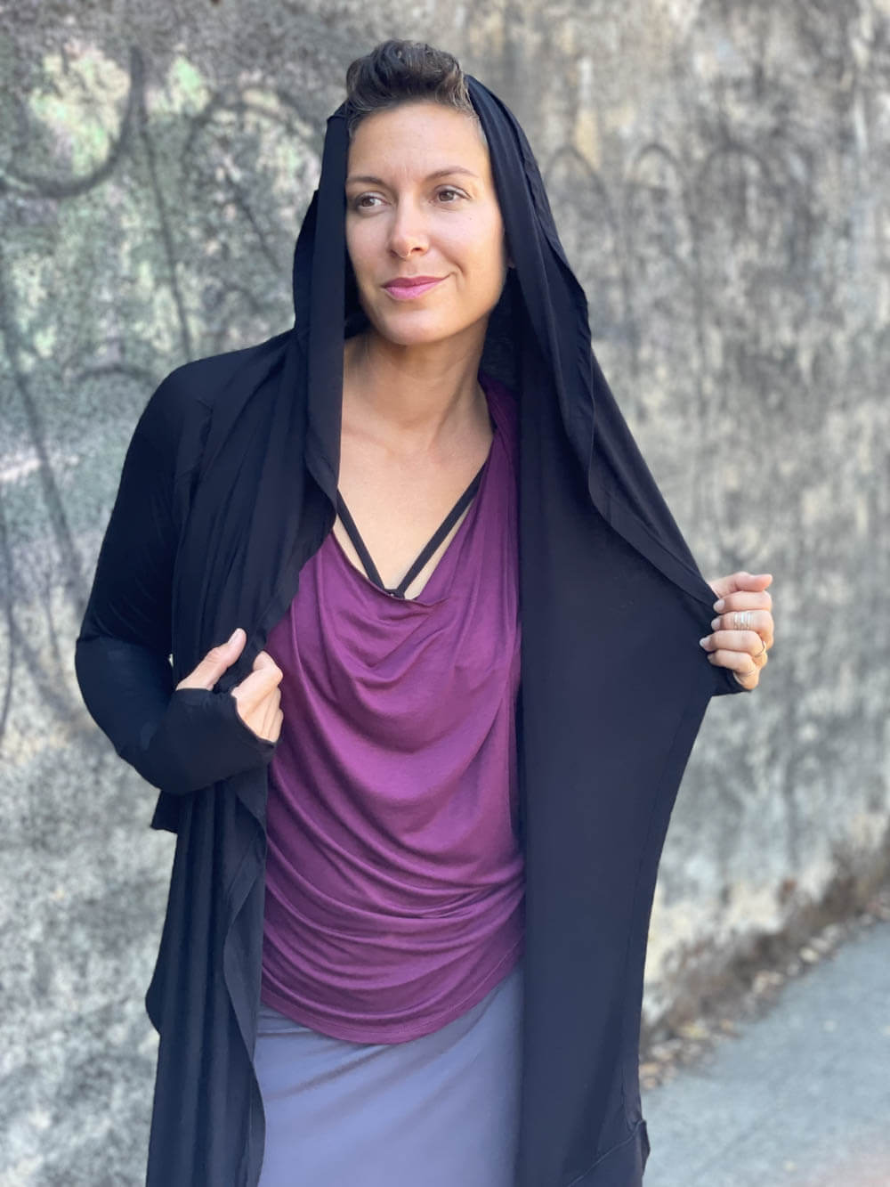 womens long sleeve natural rayon jersey versatile black wrap jacket with thumbholes that can be worn 2 ways #color_black