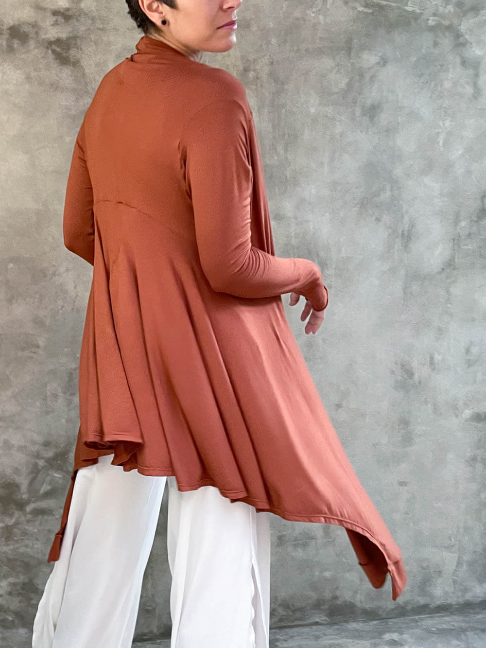 women's plant-based rayon jersey versatile rust long sleeve convertible wrap jacket with thumbholes that can be worn 2 ways #color_copper