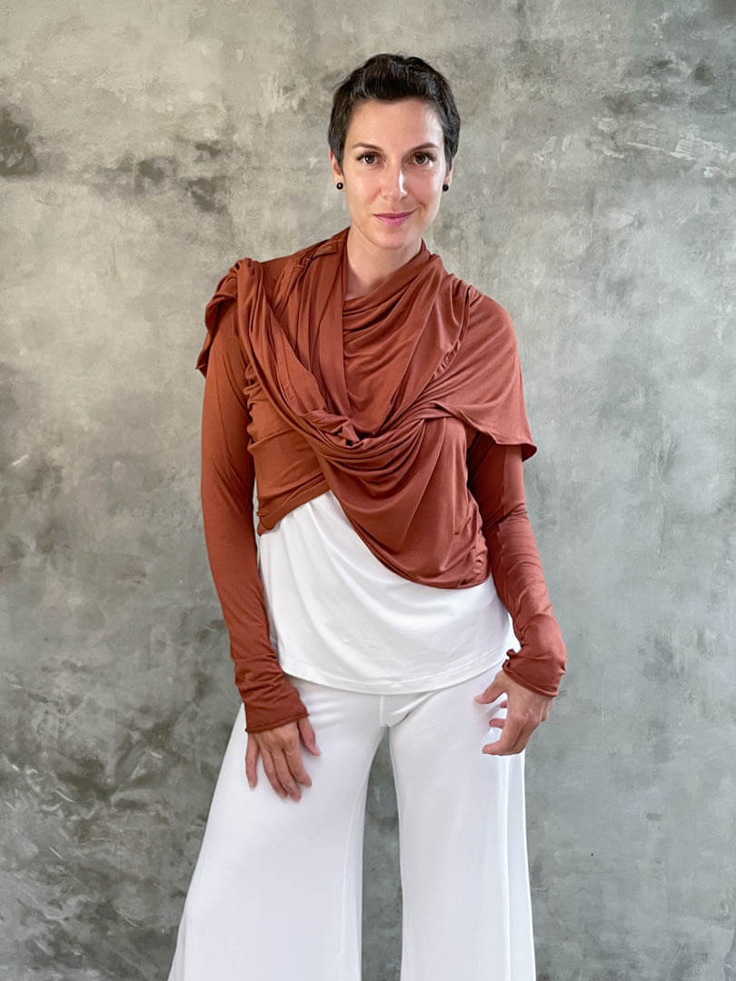 women's plant-based rayon jersey versatile rust long sleeve convertible wrap jacket with thumbholes that can be worn 2 ways #color_copper