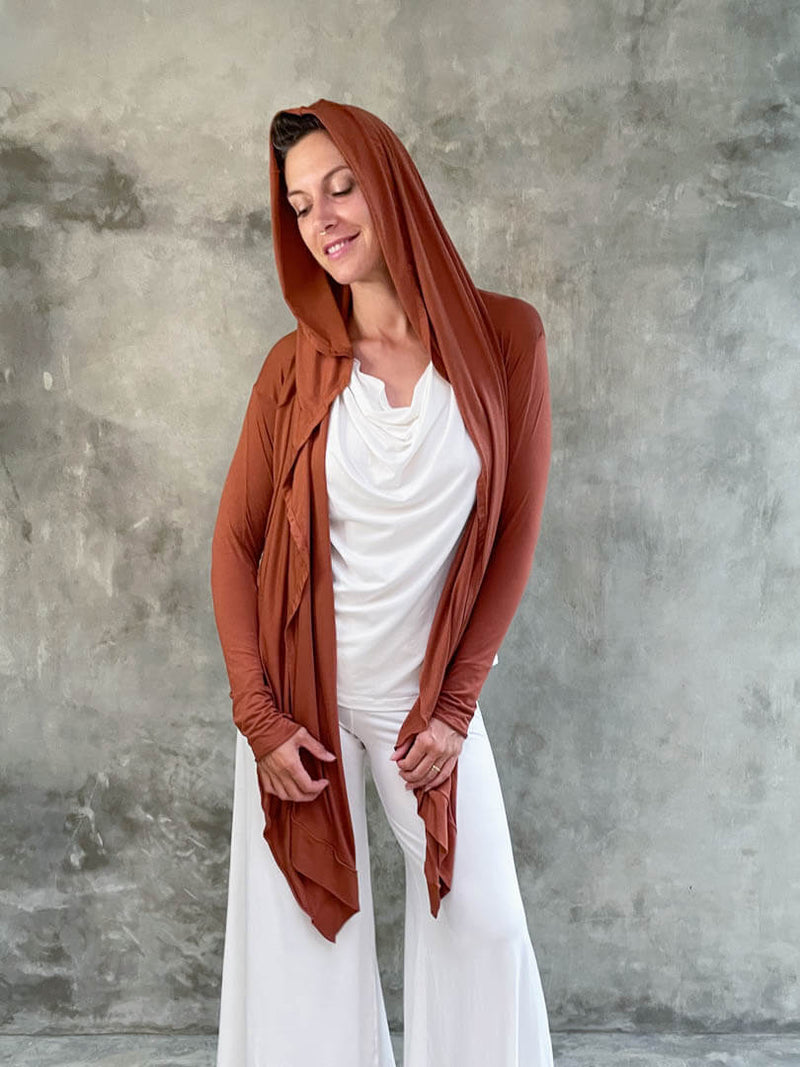 women's plant-based rayon jersey versatile rust long sleeve convertible wrap jacket with thumbholes that can be worn 2 ways #color_copper