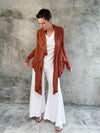women's plant-based rayon jersey versatile rust long sleeve convertible wrap jacket with thumbholes that can be worn 2 ways #color_copper