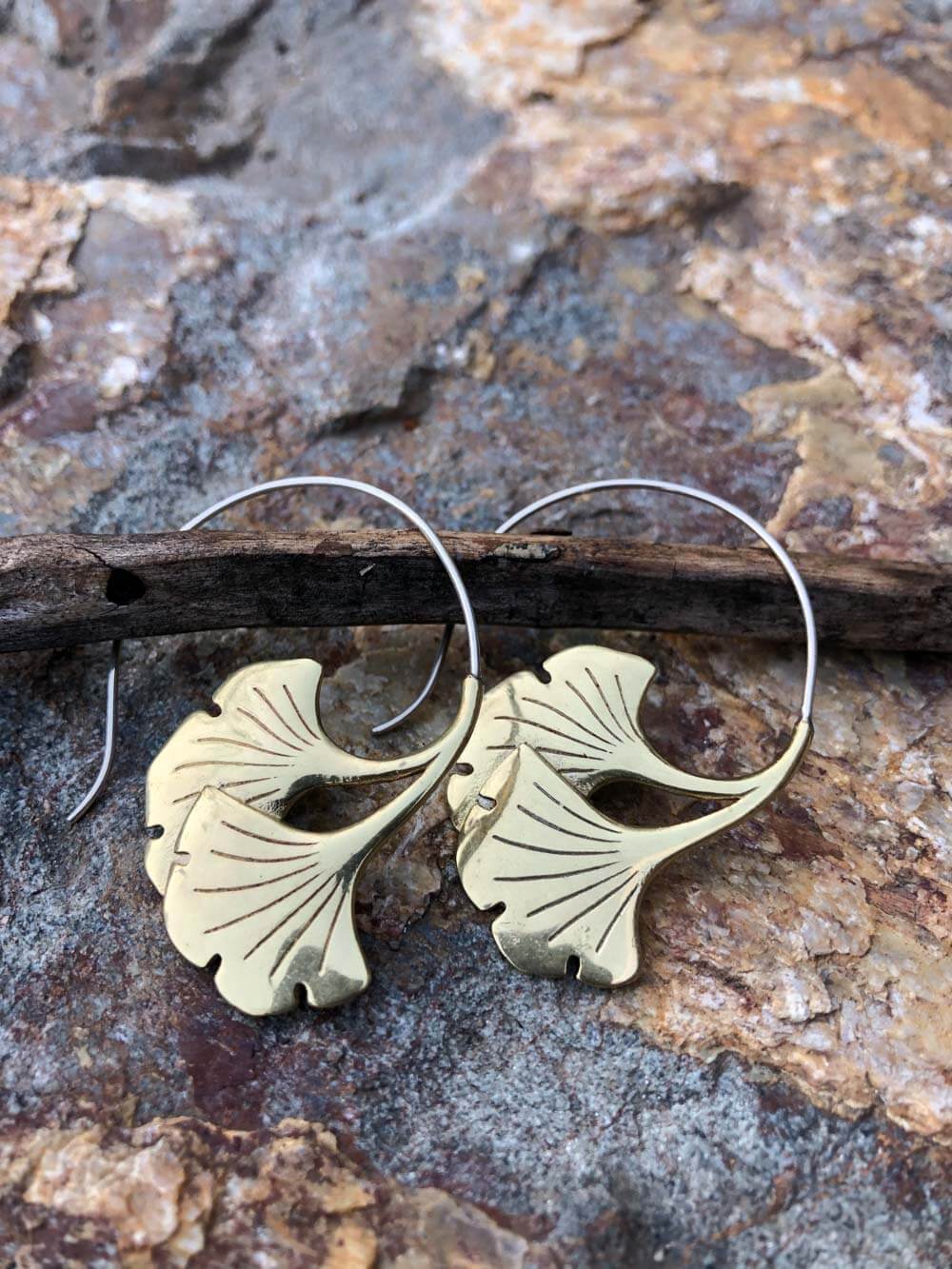 Handcrafted Gingko Hoops Brass Earrings | Boho Jewelry | CARAUCCI