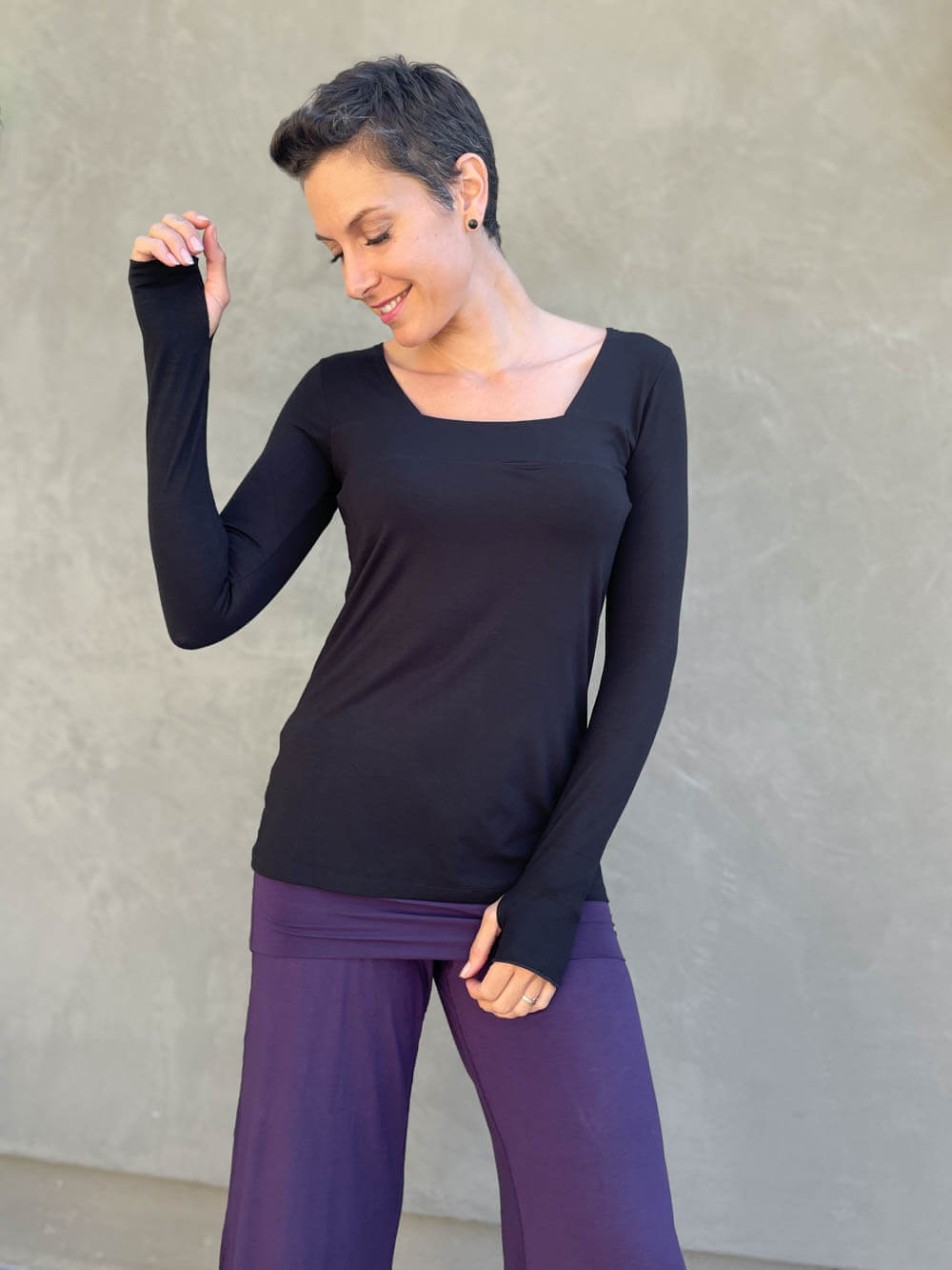 caraucci black long sleeve square neck top #color_black