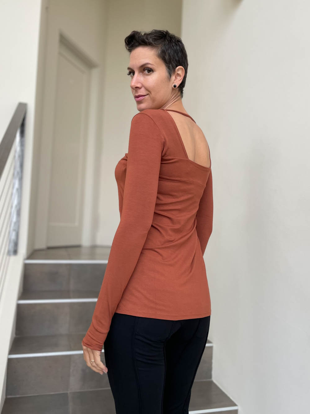 caraucci pumpkin orange long sleeve square neck top #color_copper